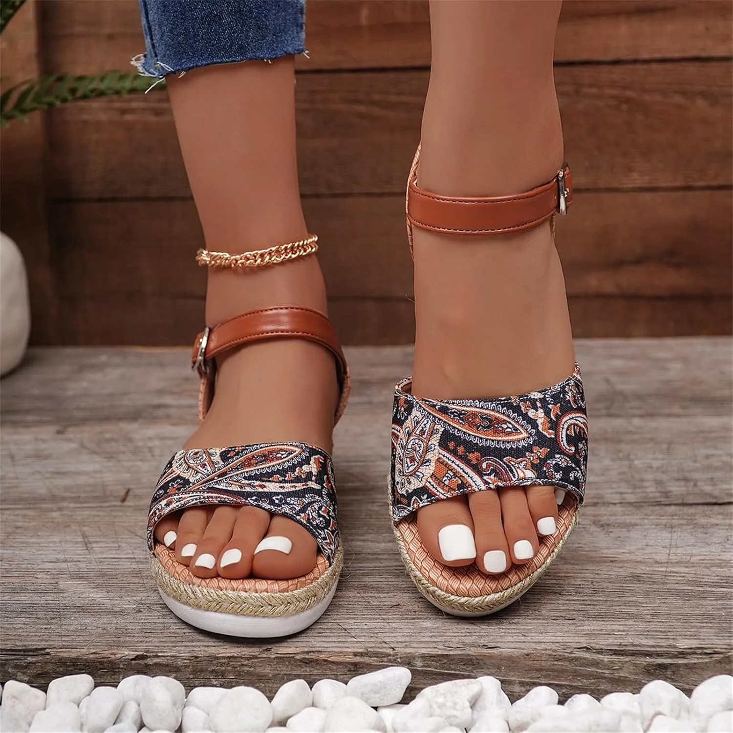Women's Slingback Sandals Hand-Painted Leather Floral Wedge with Adjustable Comfort Straps Girls Flatform Little Big Kid Open Toe Summer Platform Flower Wedding Party Lightweight Strap Shoes