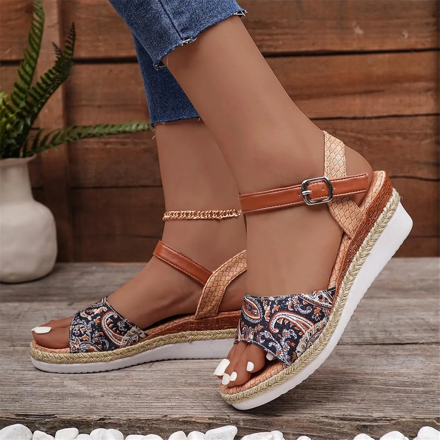 Women's Slingback Sandals Hand-Painted Leather Floral Wedge with Adjustable Comfort Straps Girls Flatform Little Big Kid Open Toe Summer Platform Flower Wedding Party Lightweight Strap Shoes