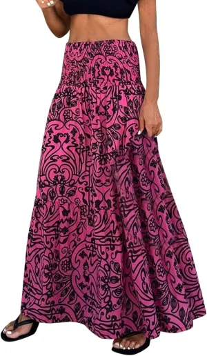 Women's Smocked High Waist Maxi Skirts Pleated Flowy Casual Boho Long Skirt Summer Trendy Vintage Boho Dress Skorts