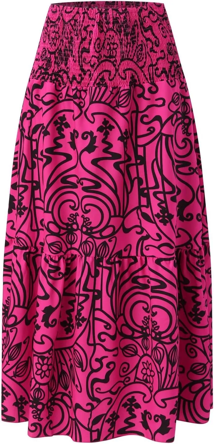 Women's Smocked High Waist Maxi Skirts Pleated Flowy Casual Boho Long Skirt Summer Trendy Vintage Boho Dress Skorts