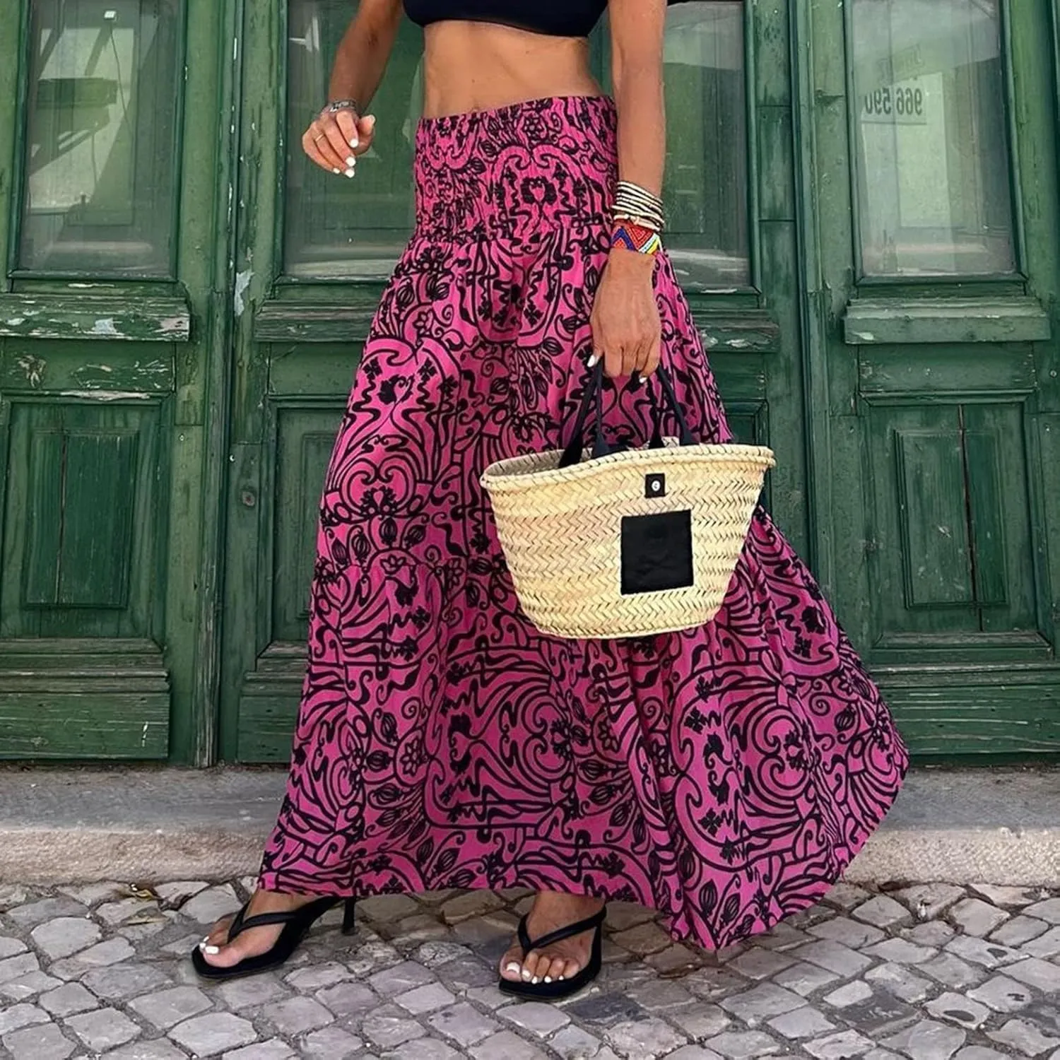 Women's Smocked High Waist Maxi Skirts Pleated Flowy Casual Boho Long Skirt Summer Trendy Vintage Boho Dress Skorts
