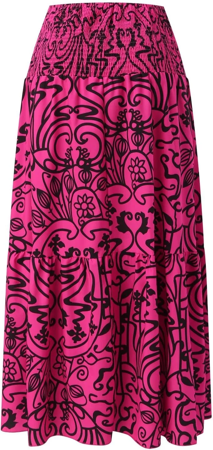 Women's Smocked High Waist Maxi Skirts Pleated Flowy Casual Boho Long Skirt Summer Trendy Vintage Boho Dress Skorts