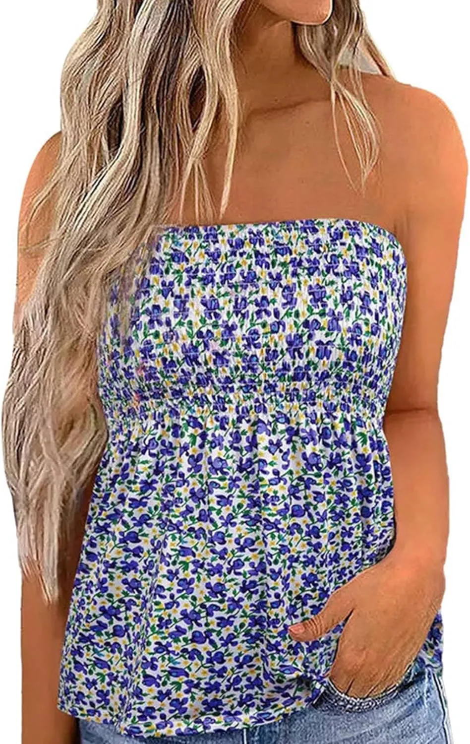 Womens Smocked Strapless Bandeau Tank Tops Floral Tube Tops Backless Bandeau Tunic Tops Sleeveless Shirts