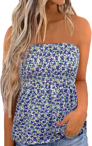 Womens Smocked Strapless Bandeau Tank Tops Floral Tube Tops Backless Bandeau Tunic Tops Sleeveless Shirts