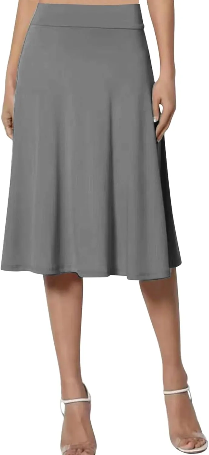 Women's Solid Basic Lightweight Midi Skirts Flare Knee Length Skirt Elastic Waist Office Pleated Skirt
