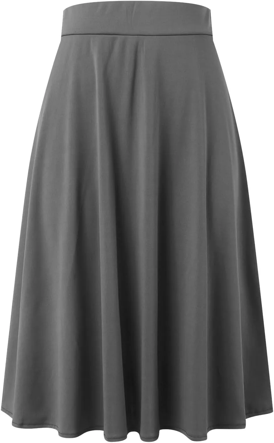 Women's Solid Basic Lightweight Midi Skirts Flare Knee Length Skirt Elastic Waist Office Pleated Skirt
