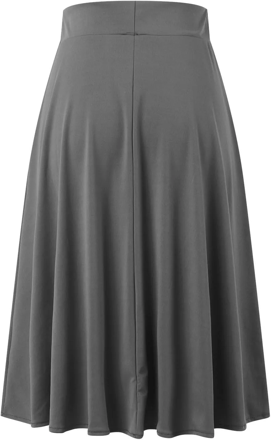 Women's Solid Basic Lightweight Midi Skirts Flare Knee Length Skirt Elastic Waist Office Pleated Skirt