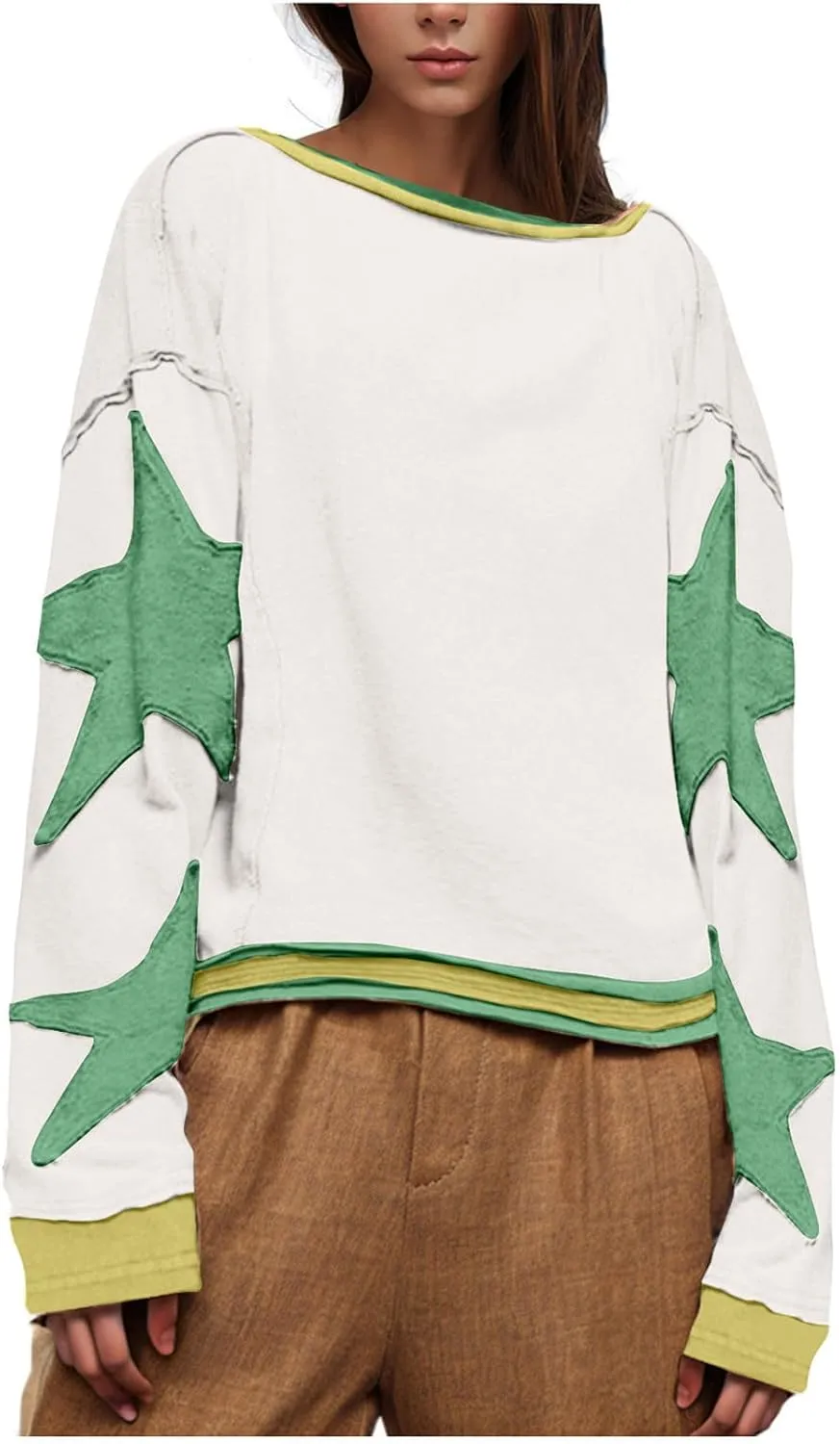 Womens Star Oversized Sweatshirt Crewneck Drop Shoulder Pullover Long Sleeve Shirts Tops Y2K Cute Trendy Clothes