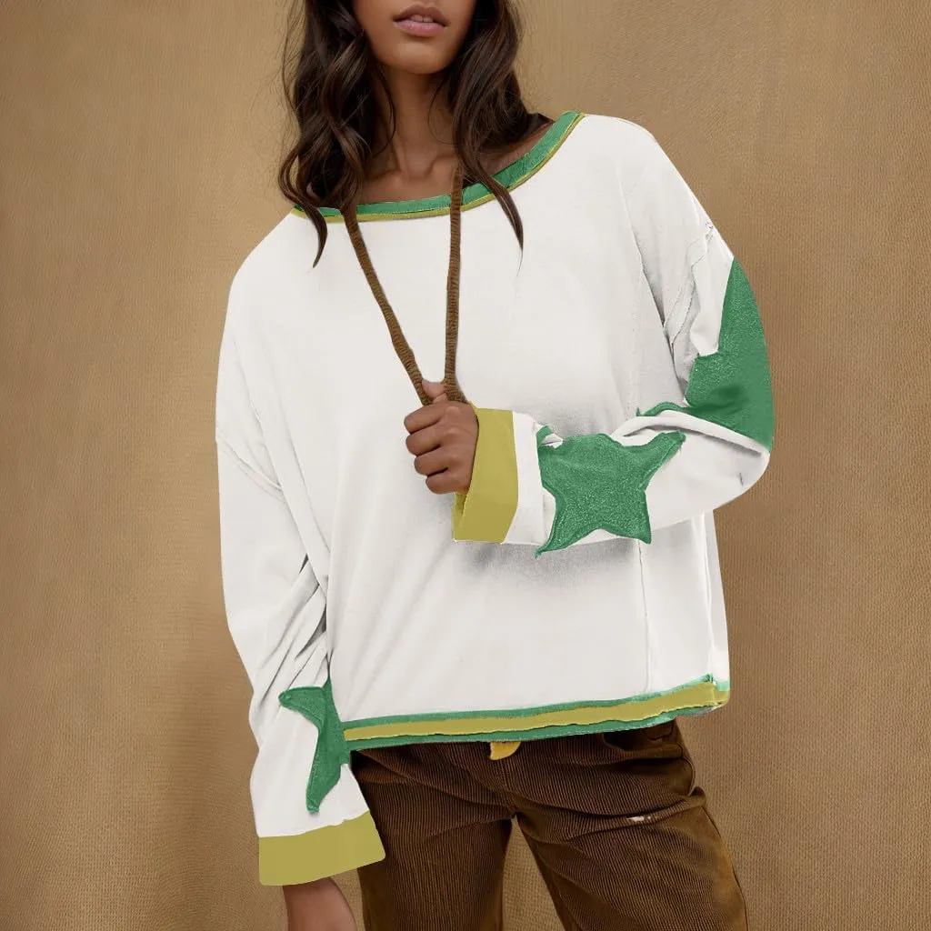 Womens Star Oversized Sweatshirt Crewneck Drop Shoulder Pullover Long Sleeve Shirts Tops Y2K Cute Trendy Clothes