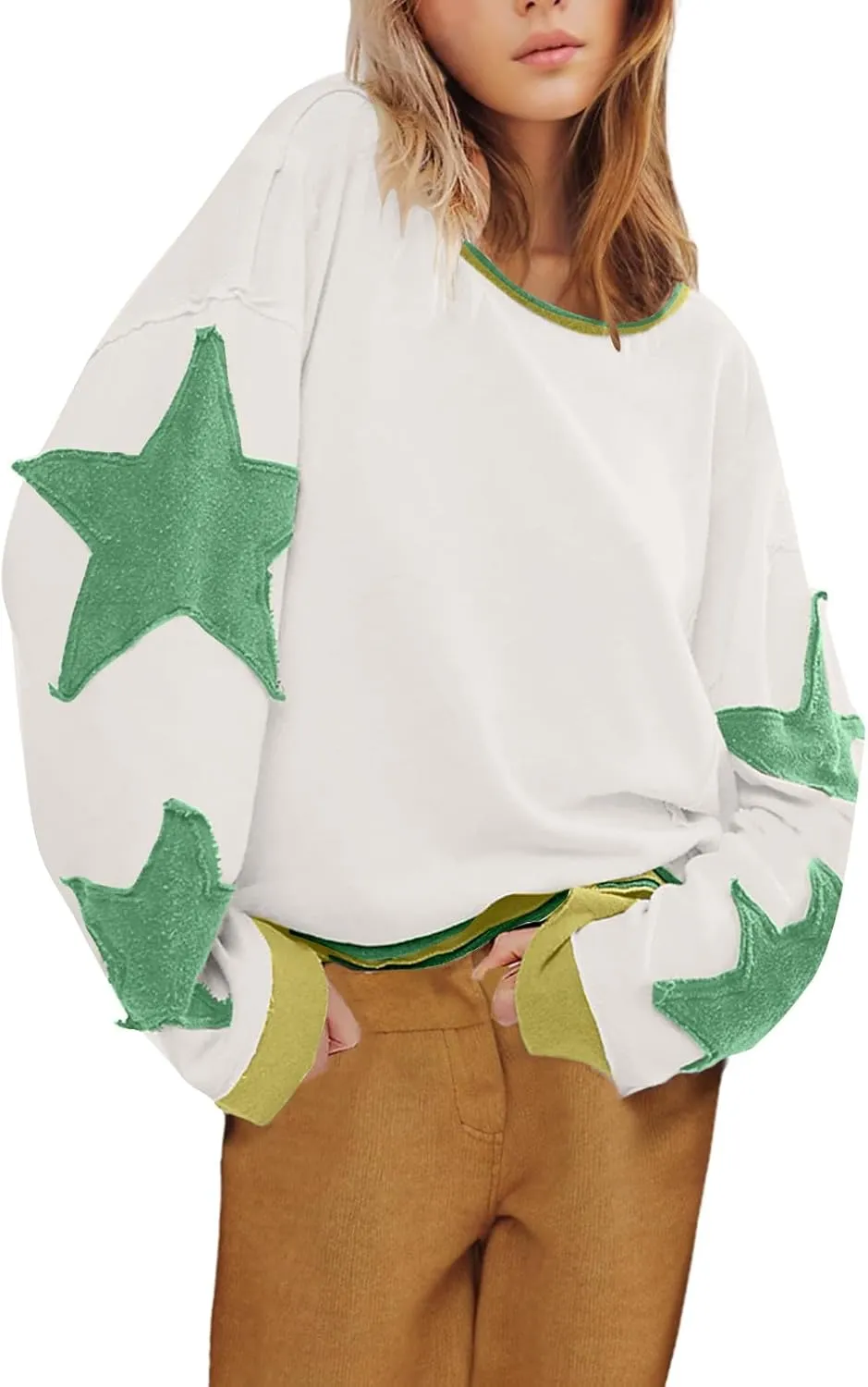 Womens Star Oversized Sweatshirt Crewneck Drop Shoulder Pullover Long Sleeve Shirts Tops Y2K Cute Trendy Clothes