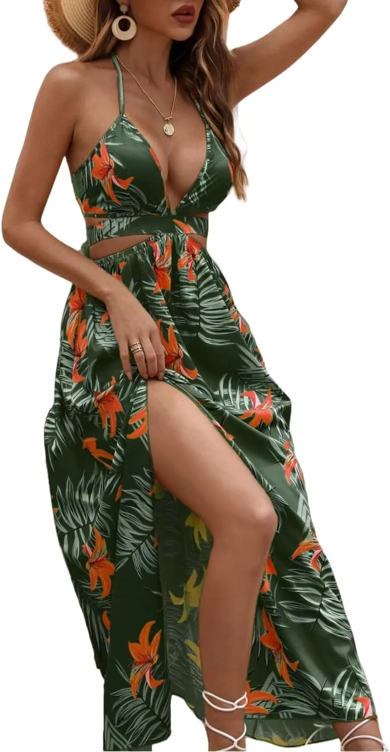 Women's Summer Dress Tie Back V Neck Floral Maxi Tropical Long Beach Vacation Side Slit