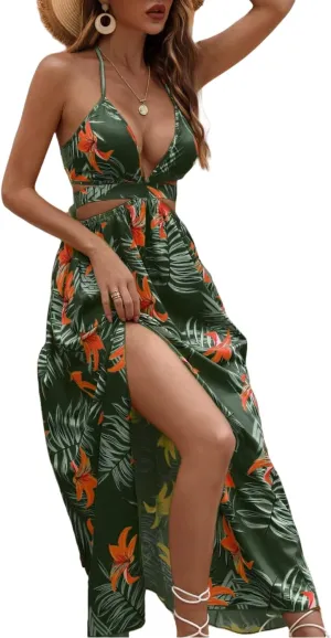 Women's Summer Dress Tie Back V Neck Floral Maxi Tropical Long Beach Vacation Side Slit