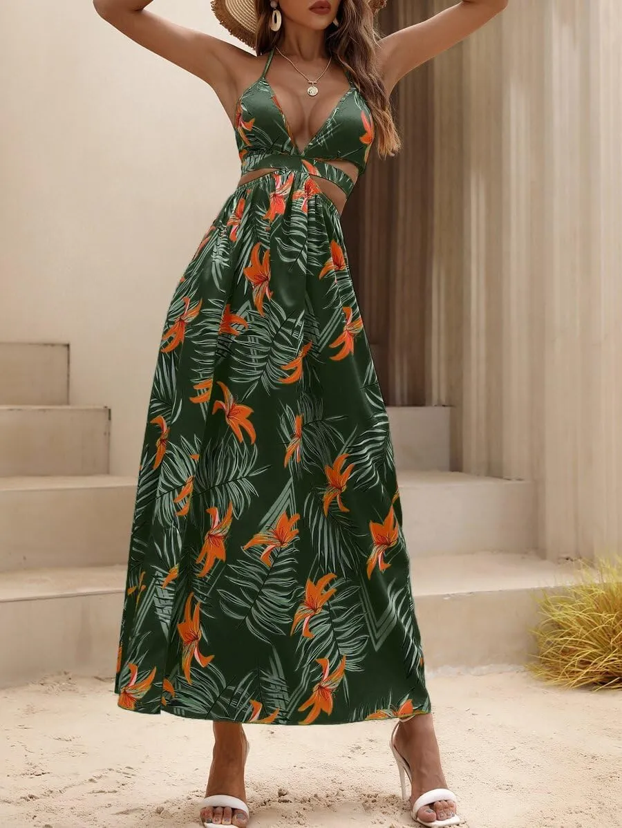 Women's Summer Dress Tie Back V Neck Floral Maxi Tropical Long Beach Vacation Side Slit