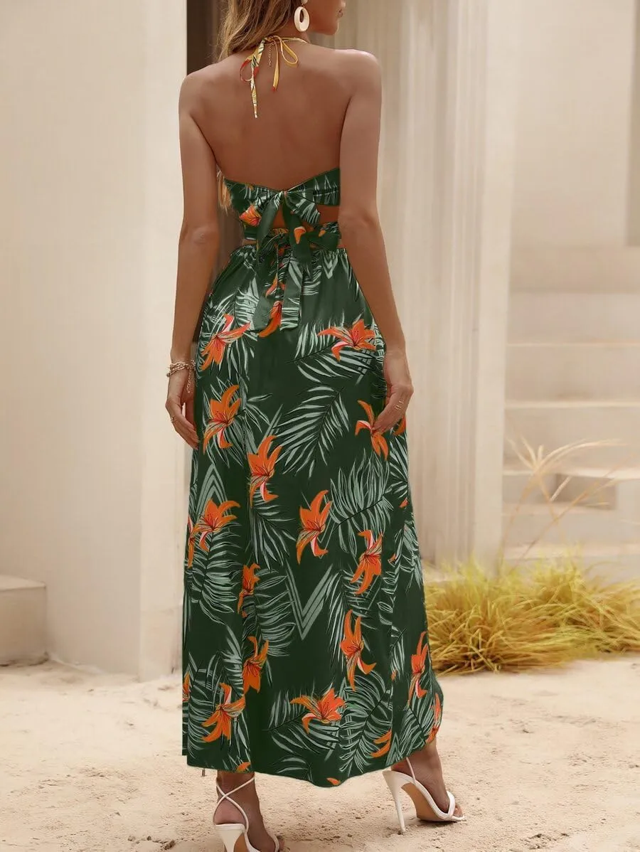 Women's Summer Dress Tie Back V Neck Floral Maxi Tropical Long Beach Vacation Side Slit