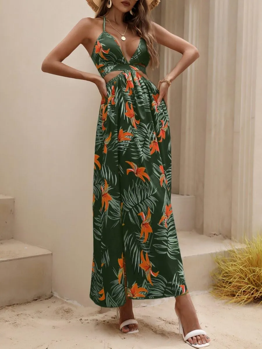 Women's Summer Dress Tie Back V Neck Floral Maxi Tropical Long Beach Vacation Side Slit