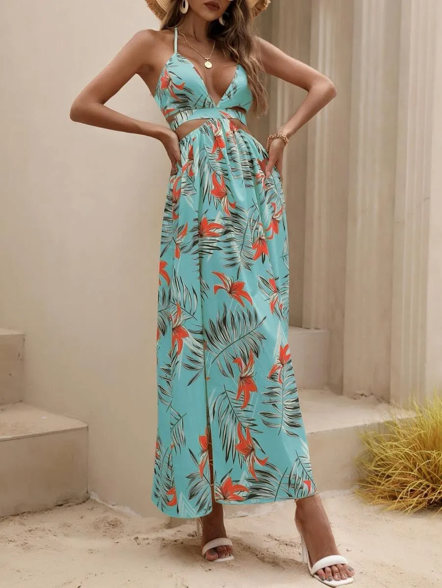 Women's Summer Dress Tie Back V Neck Floral Maxi Tropical Long Beach Vacation Side Slit
