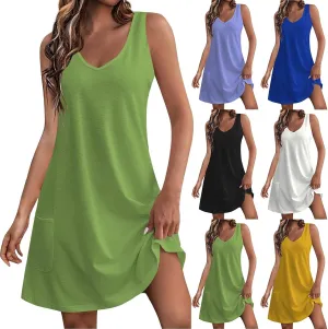 Womens Summer Dresses Casual V Neck Sleeveless Mini Shirt Dress Beach Cover Up Loose V Neck Tank Sundress with Pocket