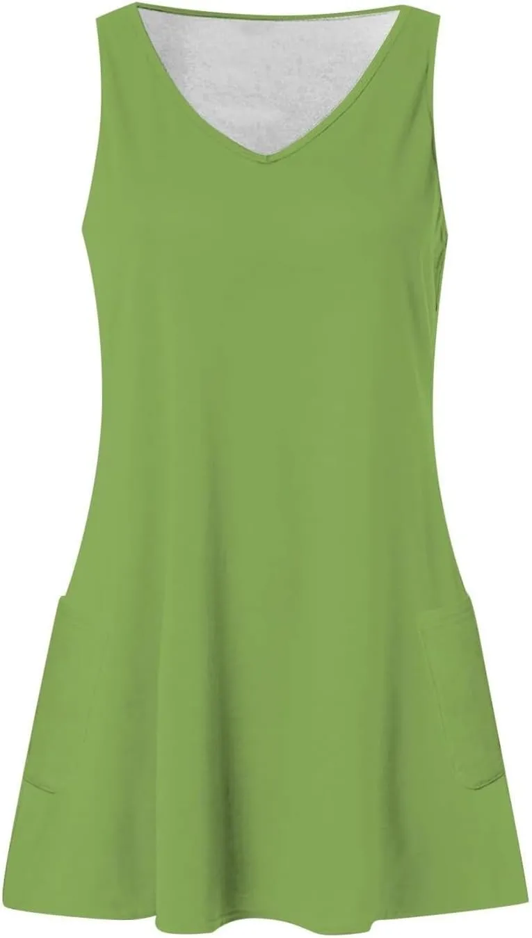 Womens Summer Dresses Casual V Neck Sleeveless Mini Shirt Dress Beach Cover Up Loose V Neck Tank Sundress with Pocket