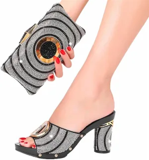Women's Summer Shoes Bag Set Crystal Clutch Rhinestone Italian Design Plus Size Fashion Slippers For Party Wedding