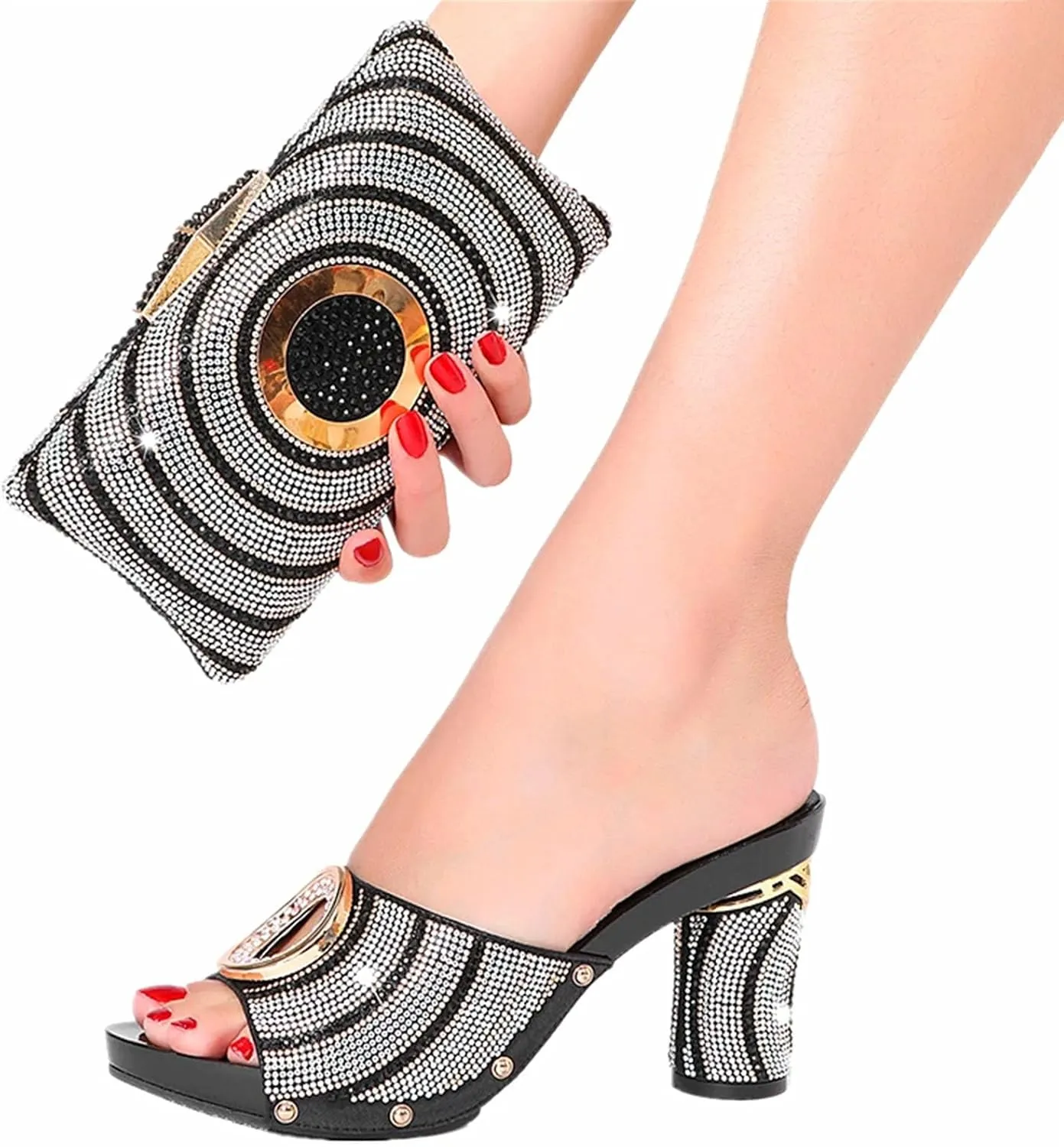 Women's Summer Shoes Bag Set Crystal Clutch Rhinestone Italian Design Plus Size Fashion Slippers For Party Wedding