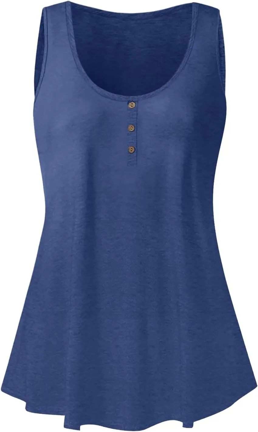 Womens Summer Tops 2023 Sleeveless Henley T-Shirts Tops Casual Button Down Tunics Holiday Going Out Tank Top Tee