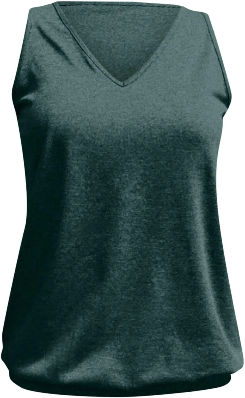 Womens Summer Tops Dressy Casual Banded Bottom Tank Tops Loose Fit V Neck Sleeveless Solid Basic Tee Shirts Blouses
