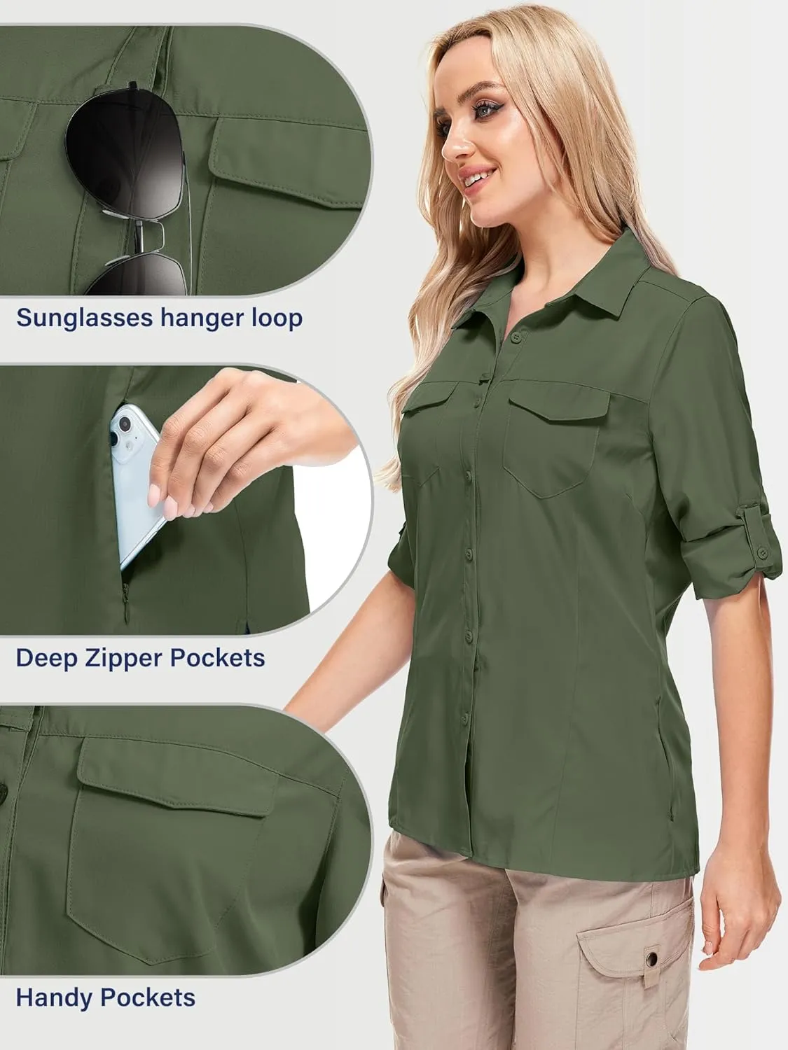 Women's Sun Protection Fishing Shirts Long Sleeve Travel Work Shirts for Men UPF50  Safari Shirts with Zipper Pockets