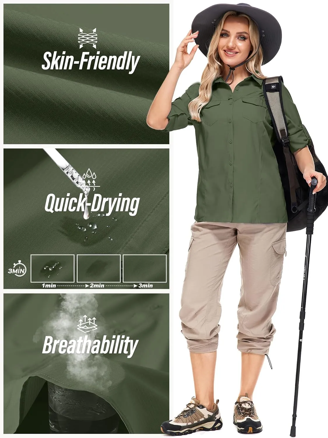 Women's Sun Protection Fishing Shirts Long Sleeve Travel Work Shirts for Men UPF50  Safari Shirts with Zipper Pockets