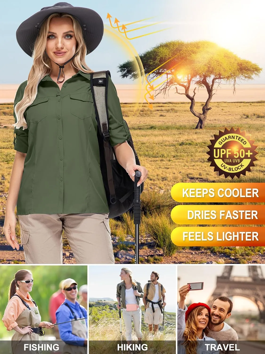 Women's Sun Protection Fishing Shirts Long Sleeve Travel Work Shirts for Men UPF50  Safari Shirts with Zipper Pockets