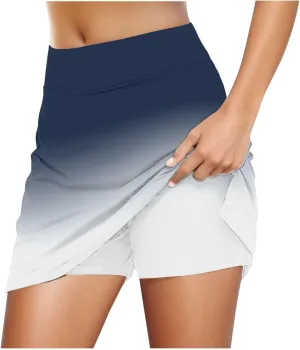 Women's Tennis Skirt with Shorts Pocket Gradient Color High Waist Athletic Skorts Inner Shorts Skirts for Running