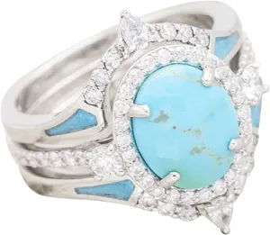 Women's Three in One Turquoise Ring Set Sparkling Inlaid Zircon Ring Bohemia Jewelry Stackable Rings (Mint Green, 9)