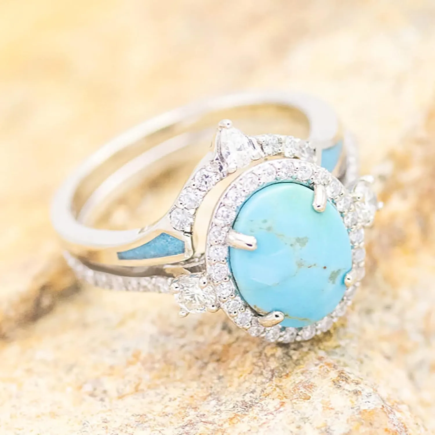 Women's Three in One Turquoise Ring Set Sparkling Inlaid Zircon Ring Bohemia Jewelry Stackable Rings (Mint Green, 9)