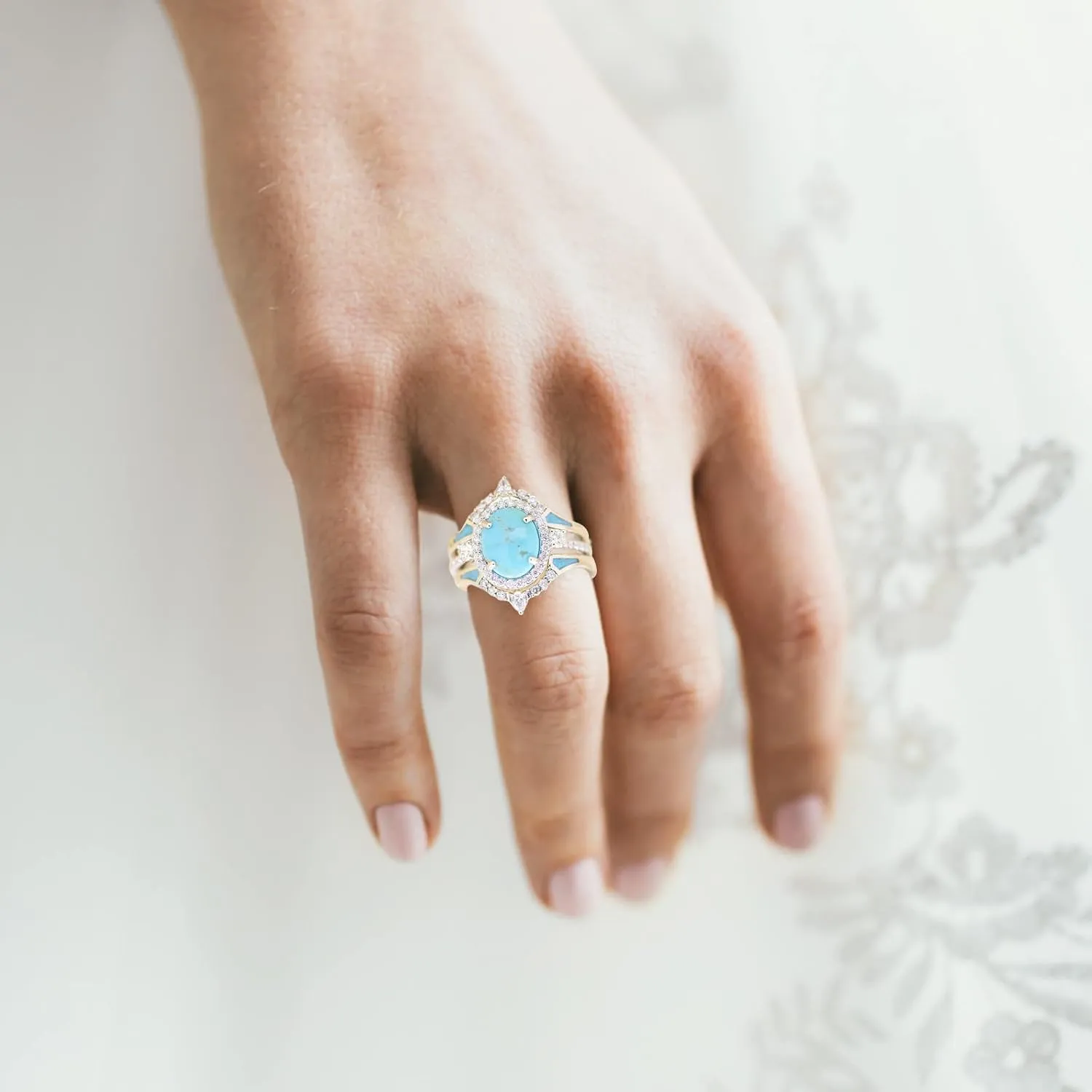 Women's Three in One Turquoise Ring Set Sparkling Inlaid Zircon Ring Bohemia Jewelry Stackable Rings (Mint Green, 9)
