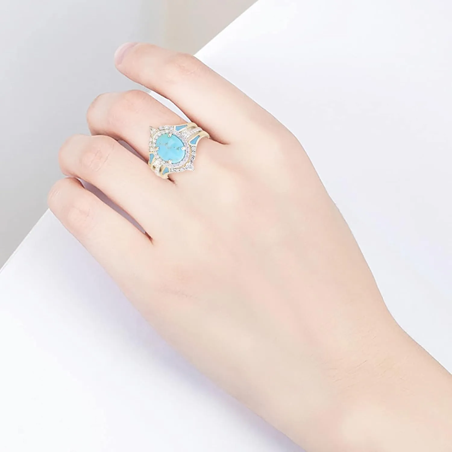 Women's Three in One Turquoise Ring Set Sparkling Inlaid Zircon Ring Bohemia Jewelry Stackable Rings (Mint Green, 9)