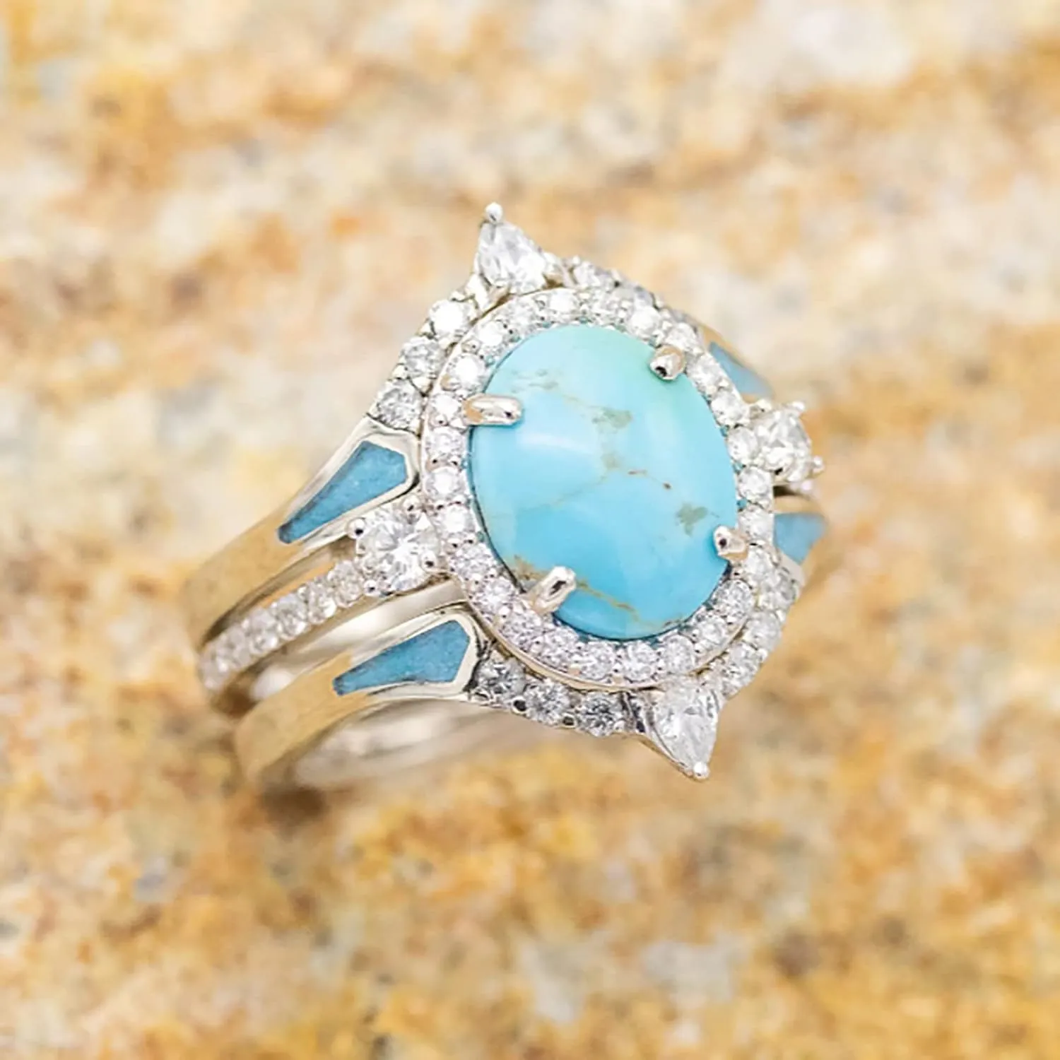 Women's Three in One Turquoise Ring Set Sparkling Inlaid Zircon Ring Bohemia Jewelry Stackable Rings (Mint Green, 9)
