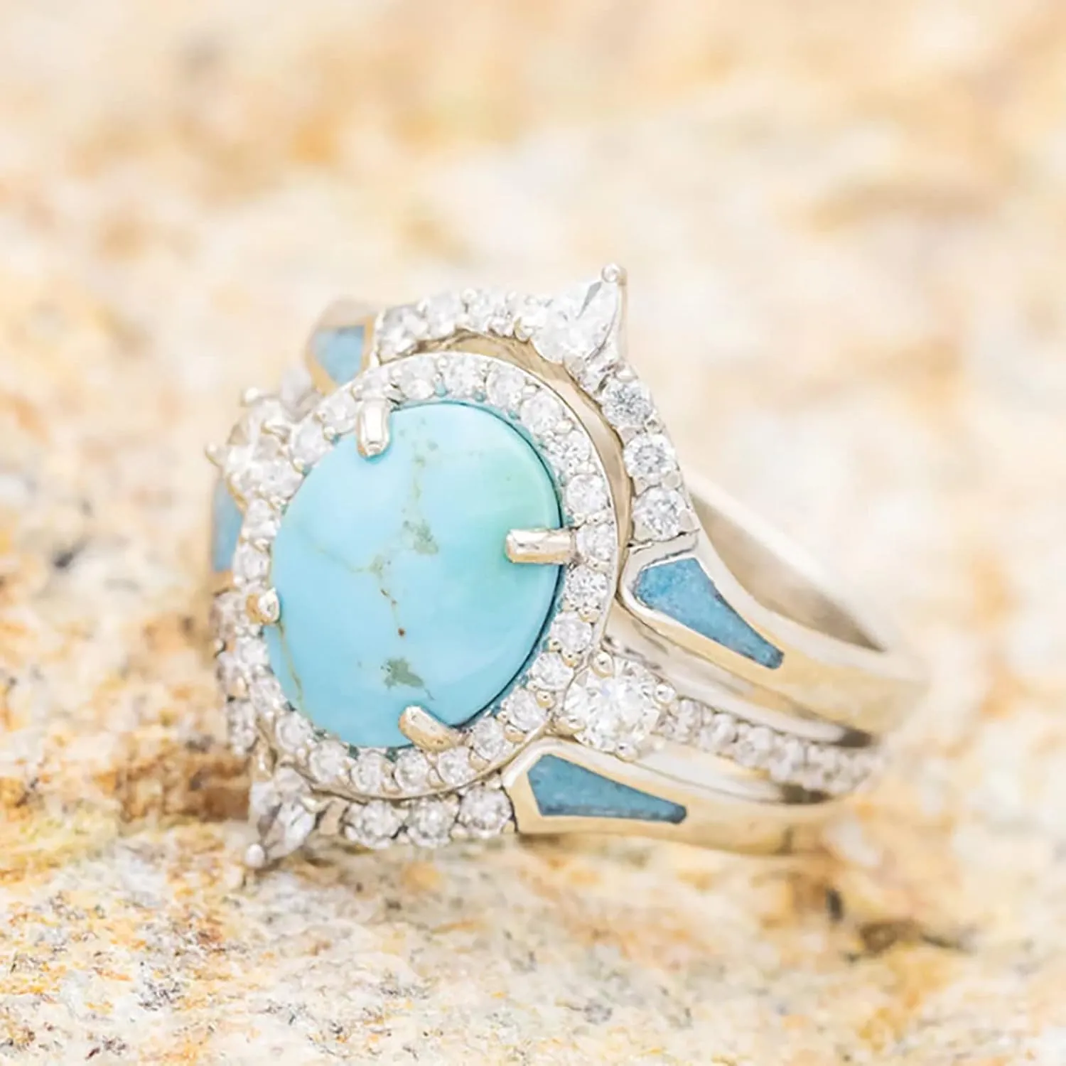 Women's Three in One Turquoise Ring Set Sparkling Inlaid Zircon Ring Bohemia Jewelry Stackable Rings (Mint Green, 9)