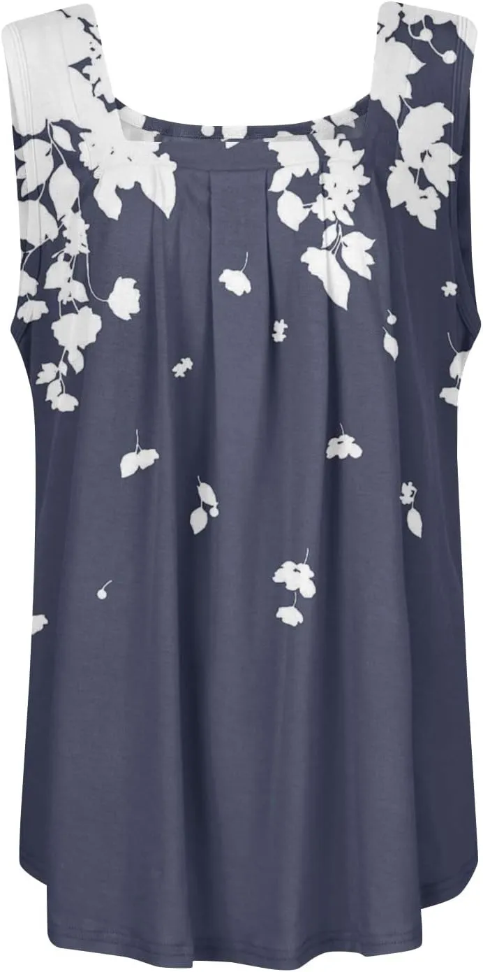 Womens Tops 2025 Ruffled Square Collar Tank Plus Size Floral Print Tank Tee Summer Casual Loose Sleeveless Shirt