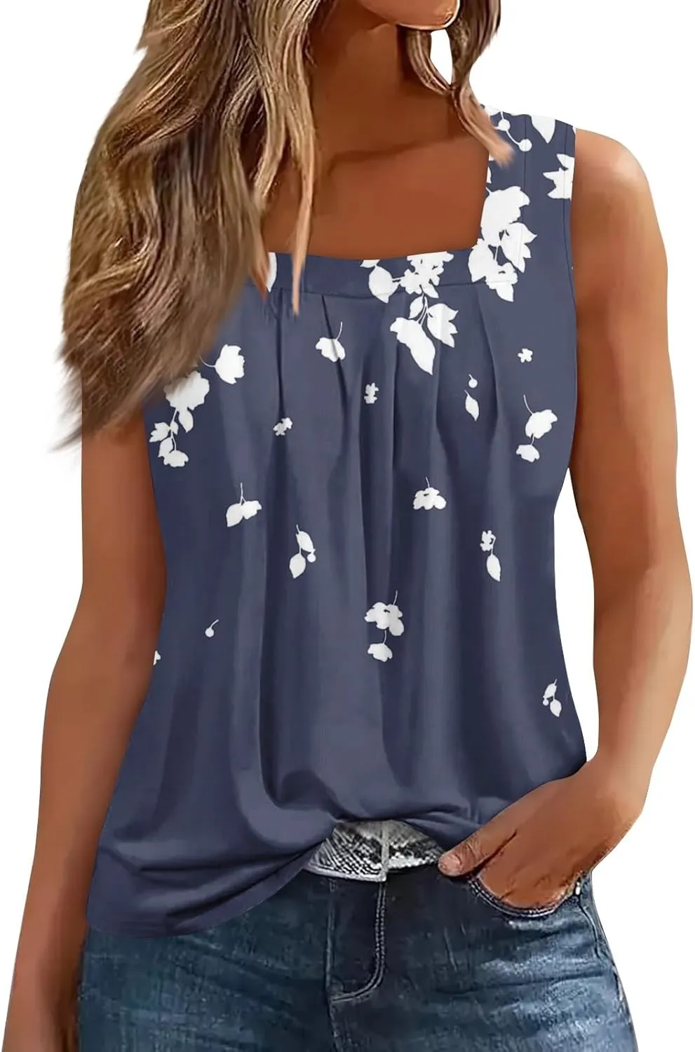 Womens Tops 2025 Ruffled Square Collar Tank Plus Size Floral Print Tank Tee Summer Casual Loose Sleeveless Shirt