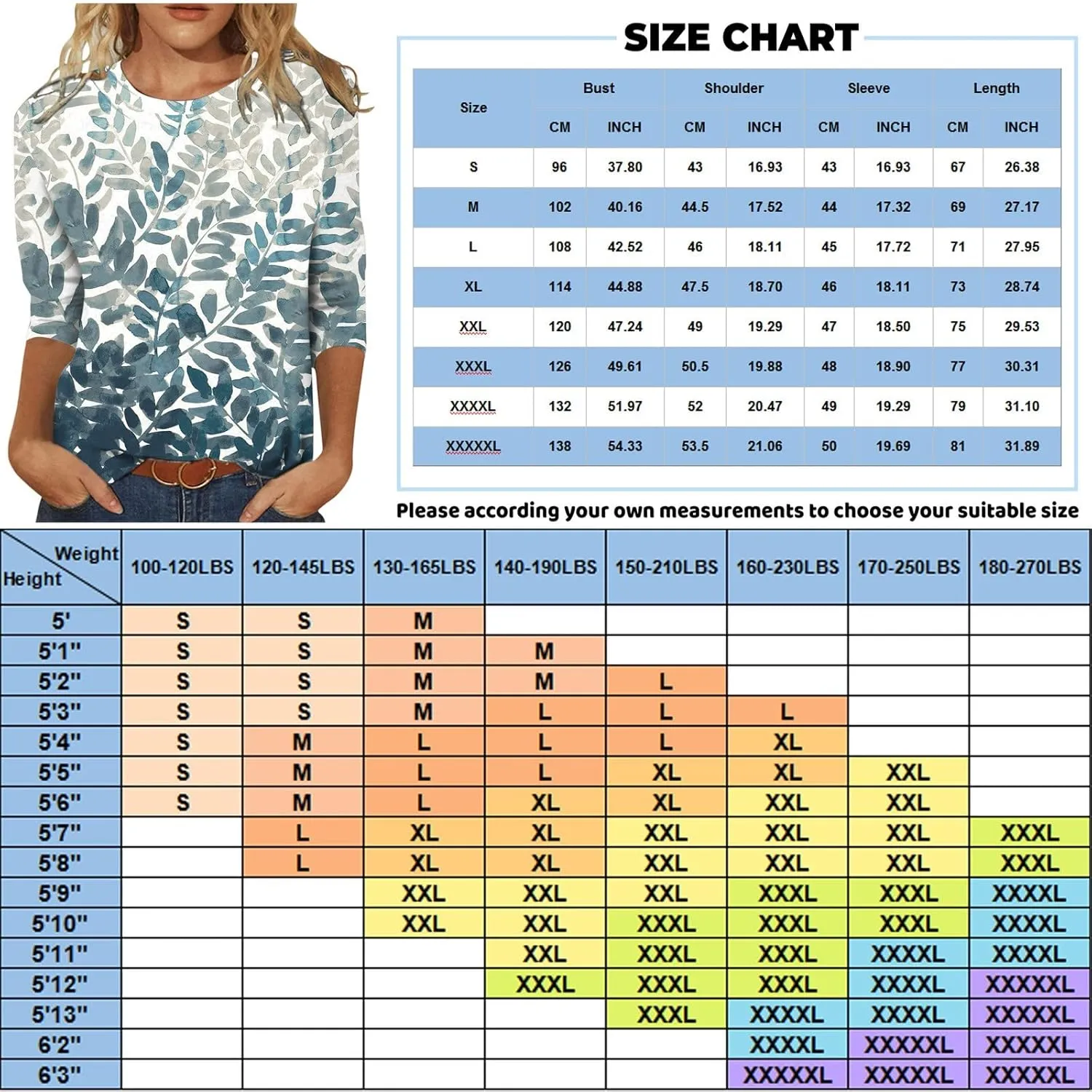Womens Tops 3/4 Sleeve Crewneck Cute Shirts Casual Print Trendy Tops Three Guarter Length T Shirt Summer Pullover