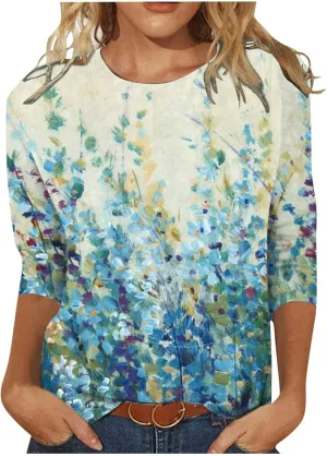 Womens Tops 3/4 Sleeve Crewneck Cute Shirts Casual Print Trendy Tops Three Guarter Length T Shirt Summer Pullover