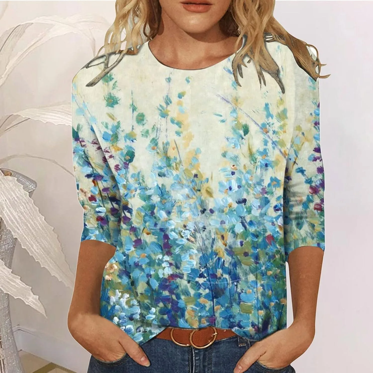 Womens Tops 3/4 Sleeve Crewneck Cute Shirts Casual Print Trendy Tops Three Guarter Length T Shirt Summer Pullover