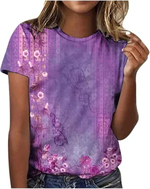 Womens Tops Trendy Summer Casual Retro Flower Printed Top Short Sleeve Crewneck Tees Loose Lightweight T Shirt Blouse