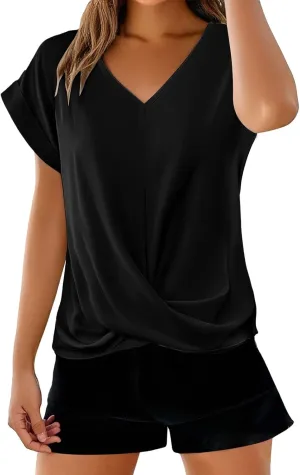 Womens V Neck Summer Tops 2025 Casual Twist Front Blouses Short Sleeve Tshirts Loose Fit Tunic Tops Basic Tee Shirts