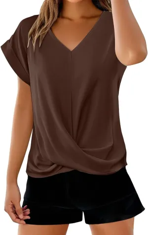 Womens V Neck Summer Tops 2025 Casual Twist Front Blouses Short Sleeve Tshirts Loose Fit Tunic Tops Basic Tee Shirts