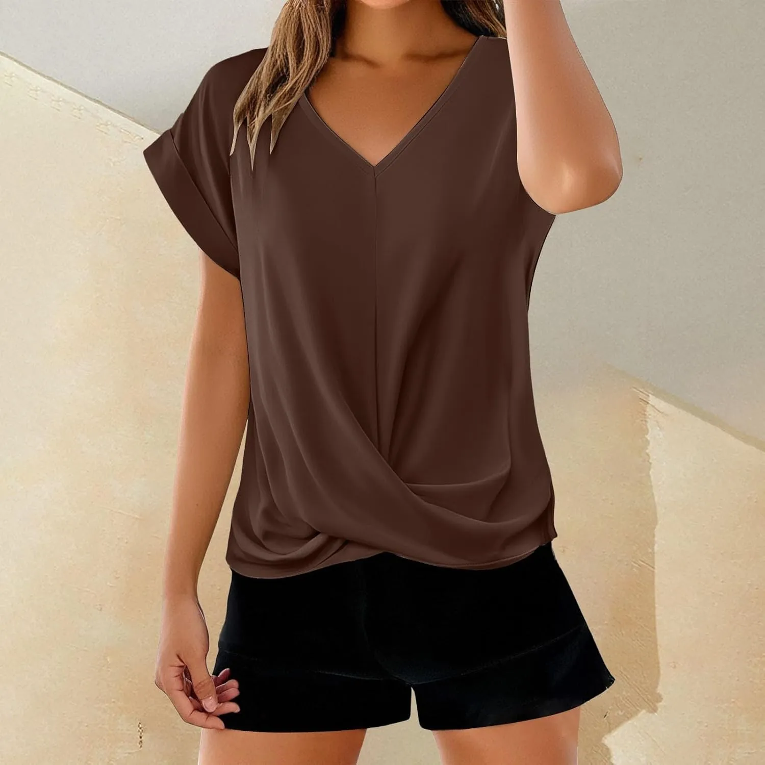 Womens V Neck Summer Tops 2025 Casual Twist Front Blouses Short Sleeve Tshirts Loose Fit Tunic Tops Basic Tee Shirts