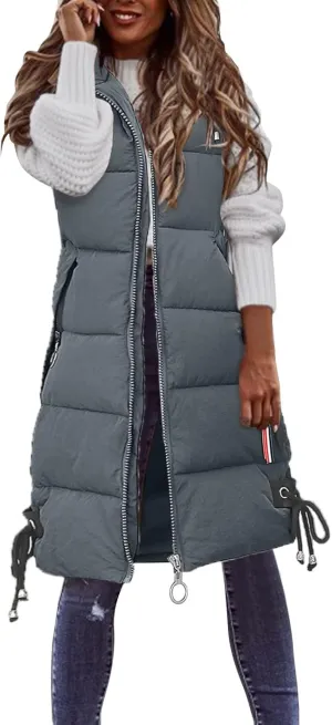 Womens Vest Down Jackets Sleeveless Loose Hooded Long Coat Winter Bomber Softshell Puffer Jacket with Zipper Pockets