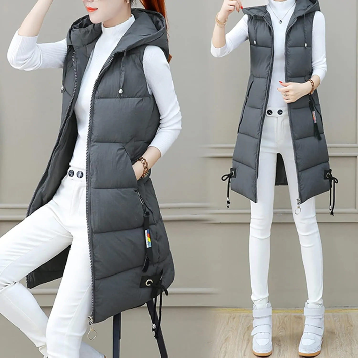 Womens Vest Down Jackets Sleeveless Loose Hooded Long Coat Winter Bomber Softshell Puffer Jacket with Zipper Pockets