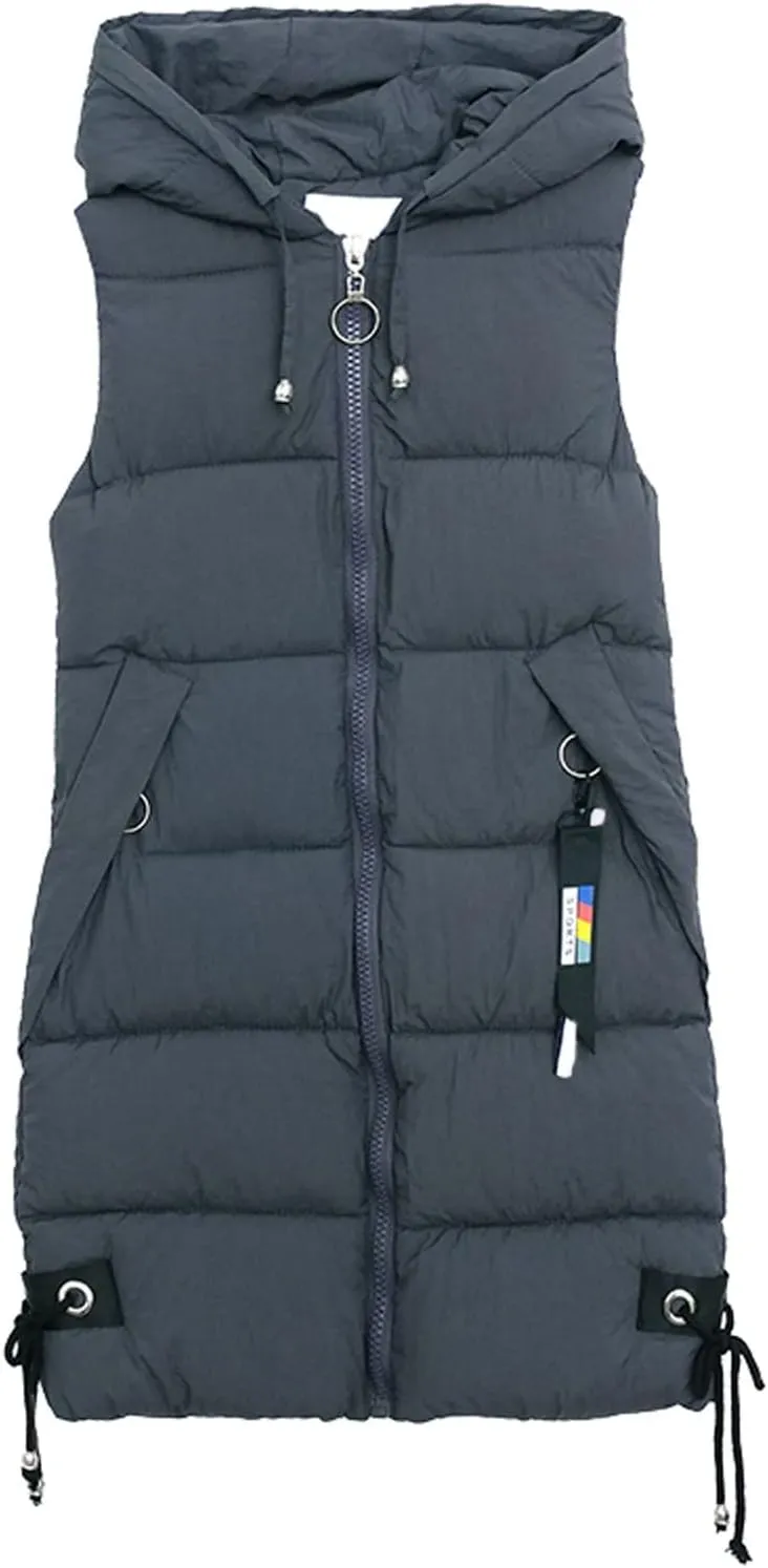Womens Vest Down Jackets Sleeveless Loose Hooded Long Coat Winter Bomber Softshell Puffer Jacket with Zipper Pockets