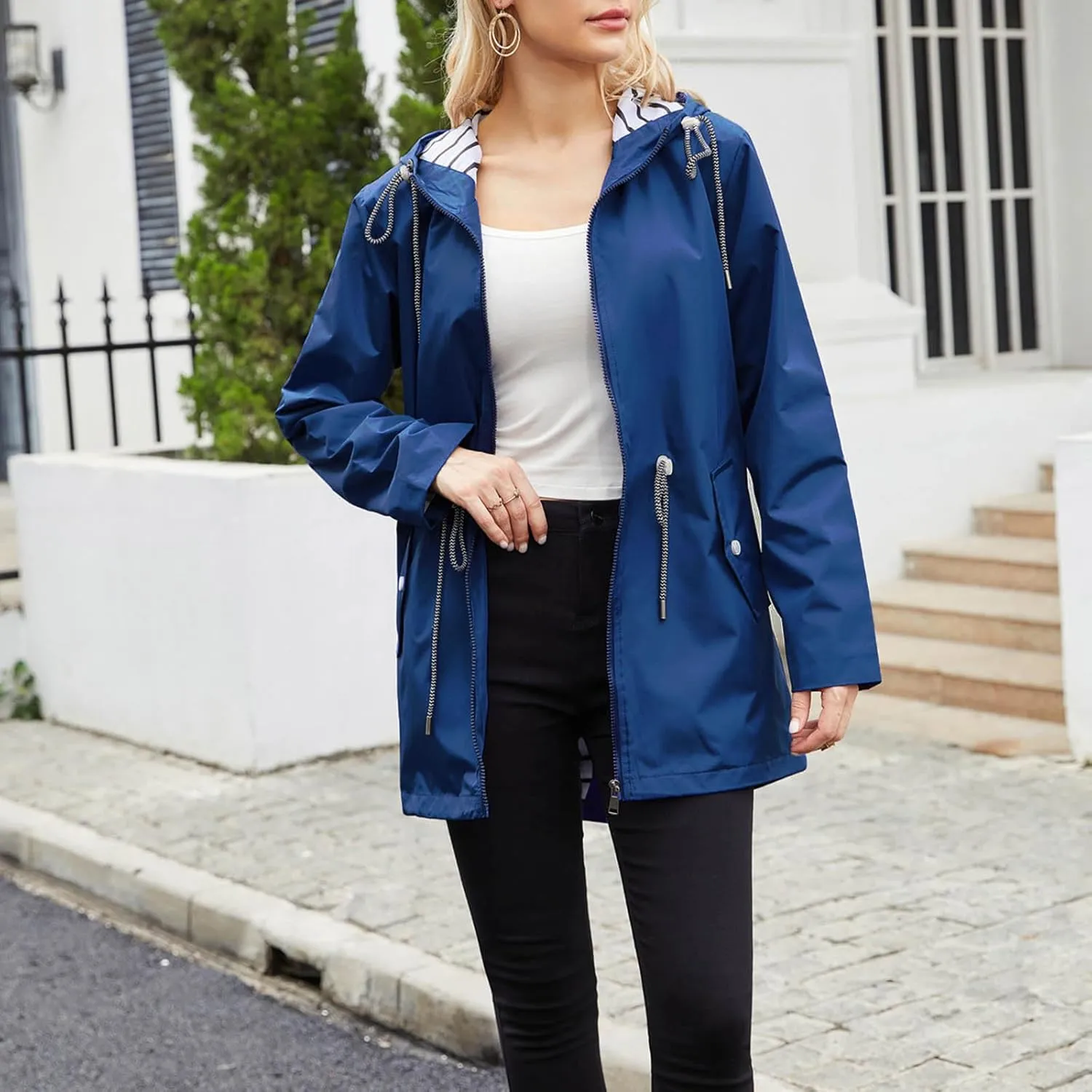 Women's Waterproof Raincoats with Hood Lightweight Zip Up Windbreaker Trendy Rain Jackets Outdoor Hiking Trench Coats