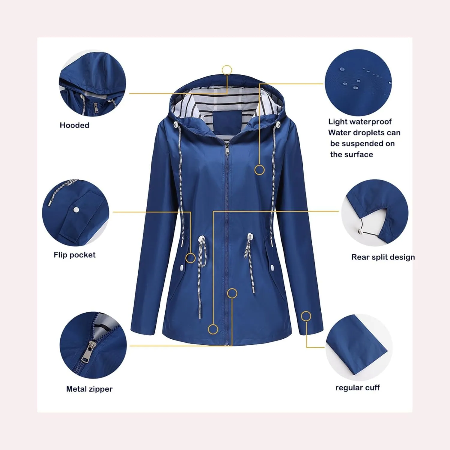 Women's Waterproof Raincoats with Hood Lightweight Zip Up Windbreaker Trendy Rain Jackets Outdoor Hiking Trench Coats